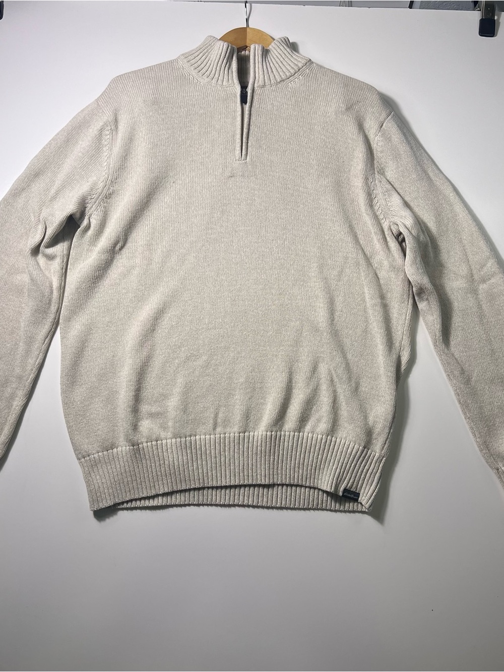 Eddie Bauer 1/4 Zip Mock Neck 100% Cotton Knit Sweater Beige Men’s L Fisherman